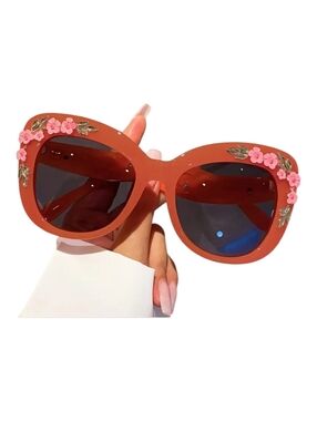 Ladies Retro Flower Cat Glasses | Orange Frame with Flower Decoration - NWT
